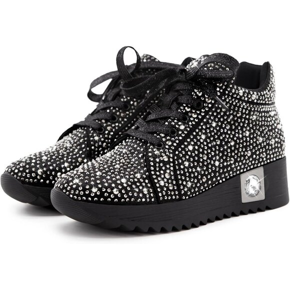 Women's Black Glitter Trendy Sequin Rhinestone High Top Sneakers Wedge Shoes - Picture 4 of 5
